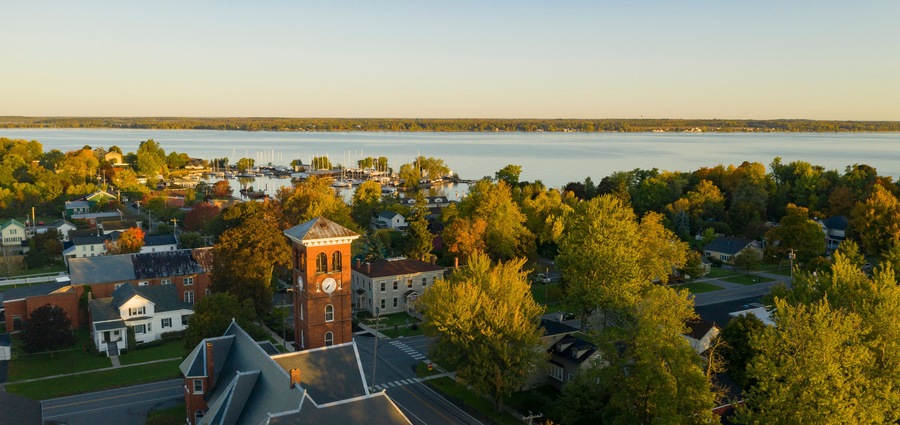 Aerial View Over Downtown Cape Vincent New York Marina Saint Lawrence River