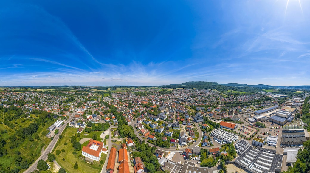 A panoramic view of a town with a mix of residential and industrial buildings, surrounded by green fields and hills.