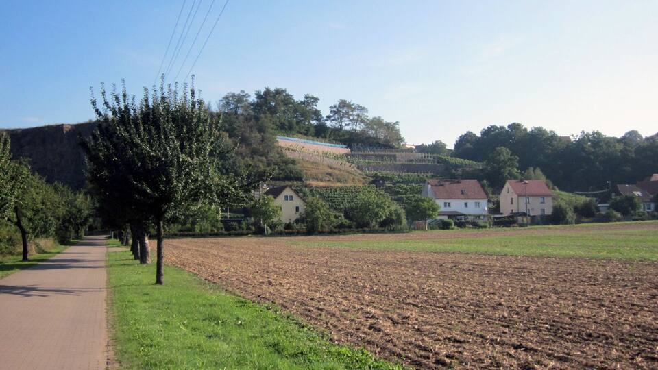 A rural landscape with a paved path, a field, and houses on a hillside.