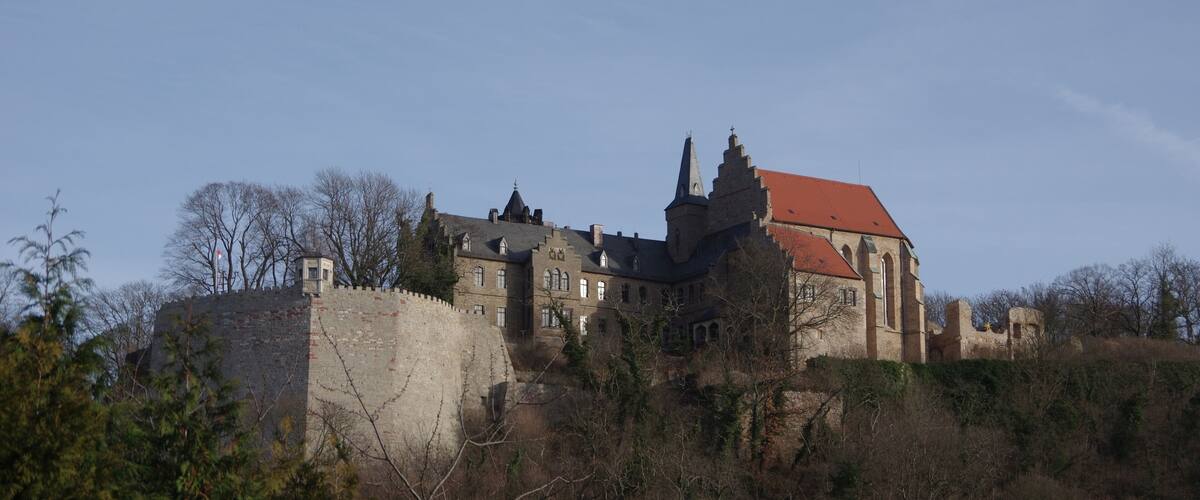 A historic castle with a red roof, surrounded by trees and a stone wall.