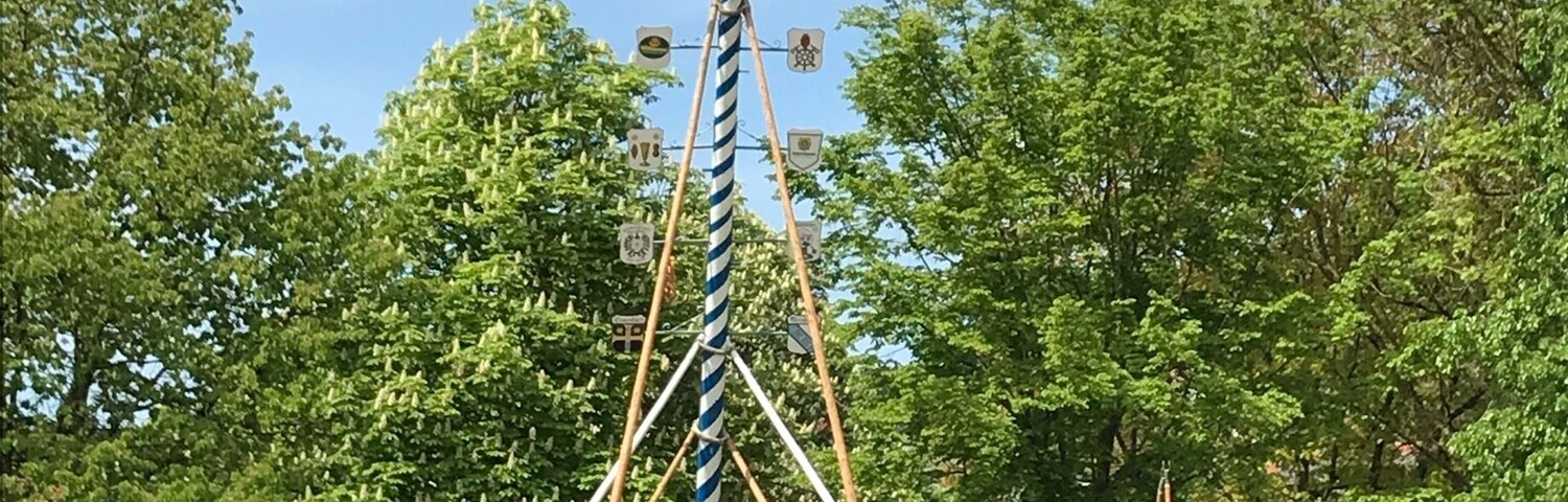 A tall, striped tower with flags at the top, surrounded by a crowd of people at an outdoor event.