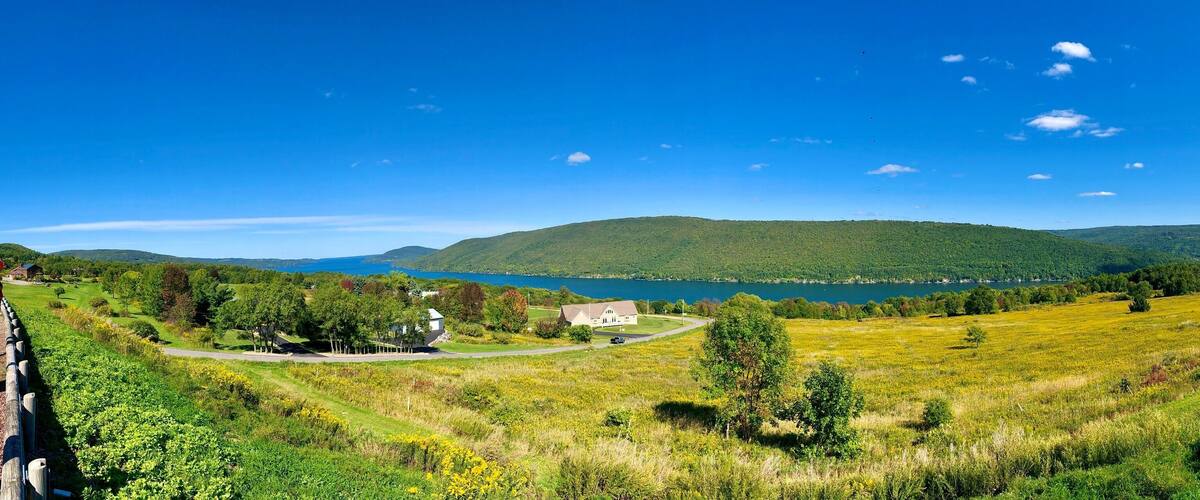 Panoramic view of Canandaigua Lake, mountain and valley, from Scenic Overlook in town of South Bristol. The Lake is the fourth longest of the Finger Lakes in the U.S. state of New York.