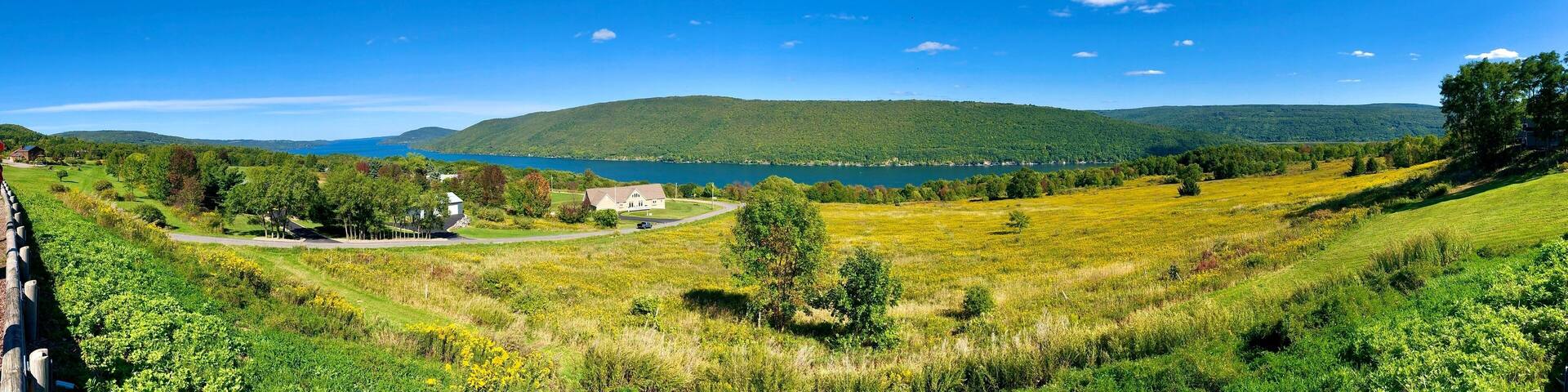 Panoramic view of Canandaigua Lake, mountain and valley, from Scenic Overlook in town of South Bristol. The Lake is the fourth longest of the Finger Lakes in the U.S. state of New York.