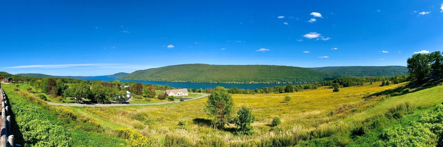 Panoramic view of Canandaigua Lake, mountain and valley, from Scenic Overlook in town of South Bristol. The Lake is the fourth longest of the Finger Lakes in the U.S. state of New York.