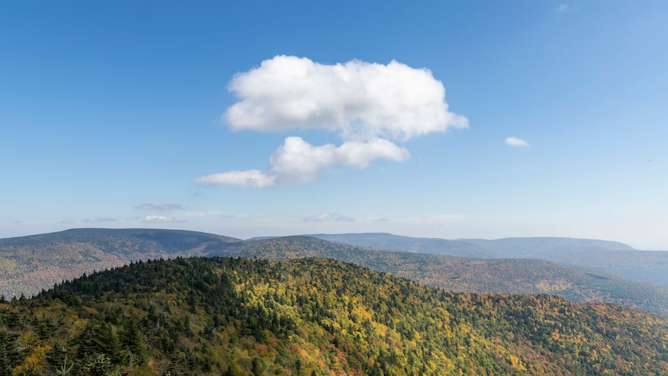 A mountainous landscape with autumn foliage and a clear blue sky.