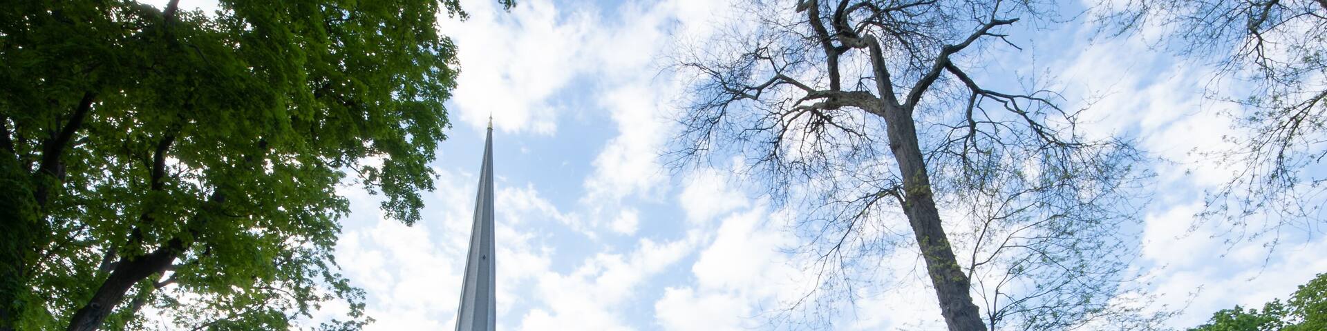 Kingston, NY - USA- May 12, 2021: The Old Dutch Church, a 19th-century bluestone church and cemetery located on Wall Street in the Kingston Stockade District.