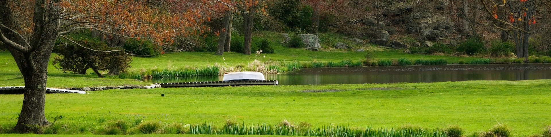 A serene park with a pond, a small boat, and autumn-colored trees.