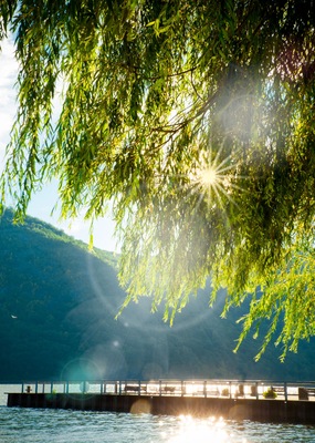 River, mountains and dock with sun shining through the trees from Cold Spring NY