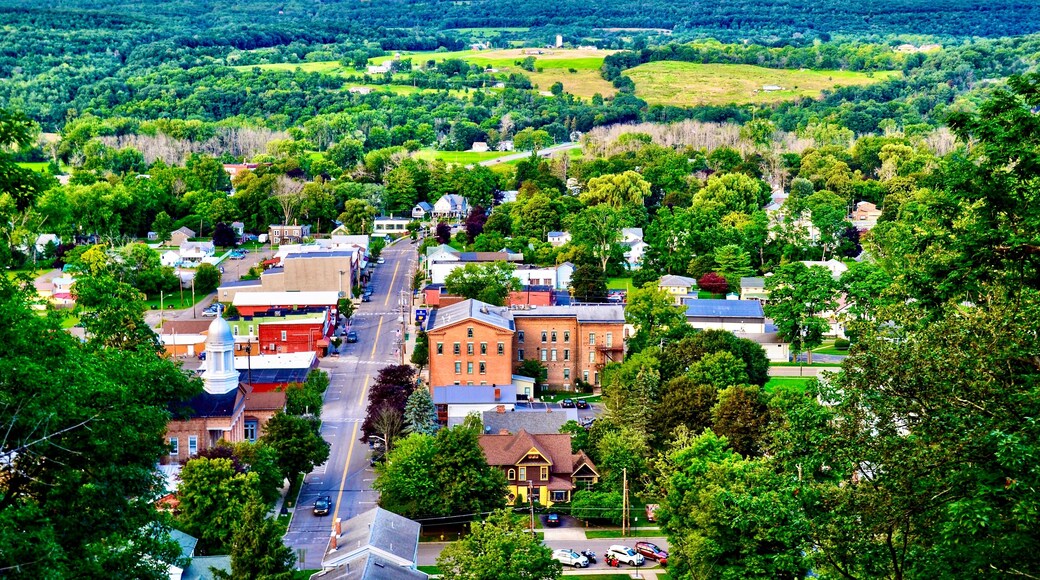 Aerial view of Montour Falls, a small historic village - Main Street, and surrounding hill forest landscape, in upstate New York. It’s next to hot tourists area of Watkins Glen and the Seneca lake