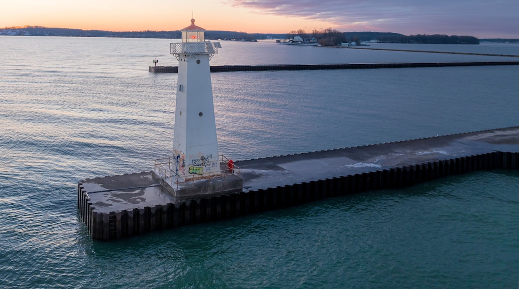Early winter morning aerial photo of Sodus Point Lighthouse, Sodus, New York.