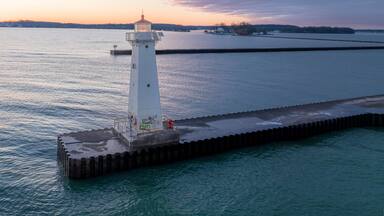 Early winter morning aerial photo of Sodus Point Lighthouse, Sodus, New York.