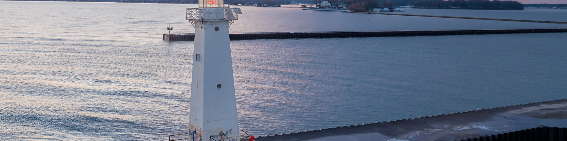 Early winter morning aerial photo of Sodus Point Lighthouse, Sodus, New York.