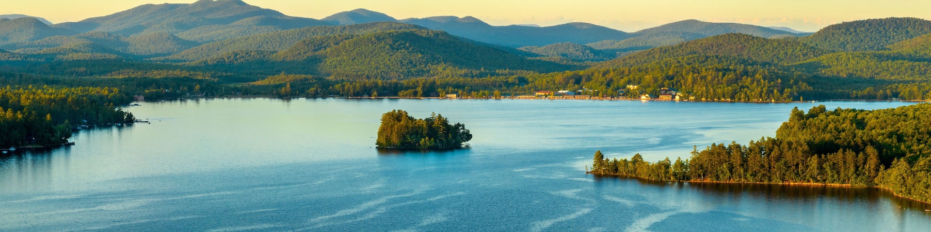 Aerial panoramic view of Lake Pleasant in the Adirondacks, New York. July 7, 2022