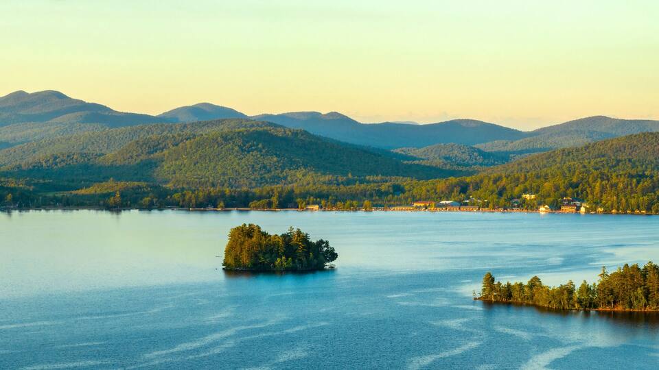 Aerial panoramic view of Lake Pleasant in the Adirondacks, New York. July 7, 2022