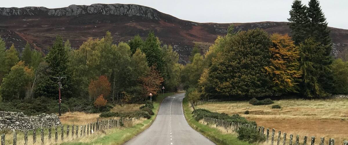 A rural road flanked by stone walls and trees, leading towards a mountainous landscape.