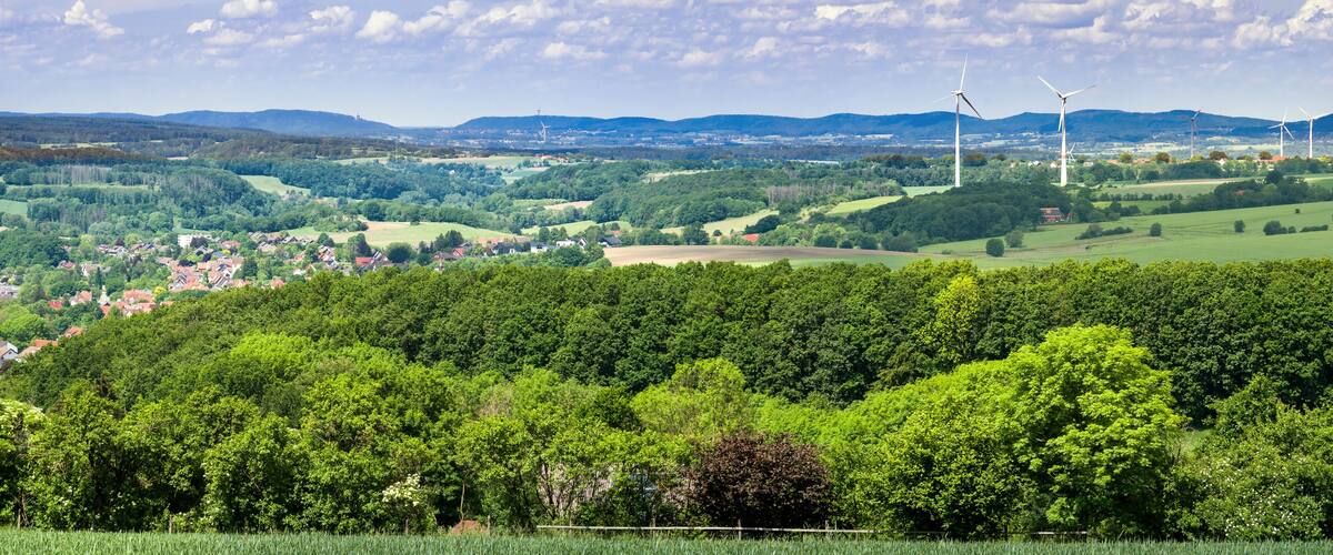A lush green landscape with a village, rolling hills, and wind turbines in the distance.