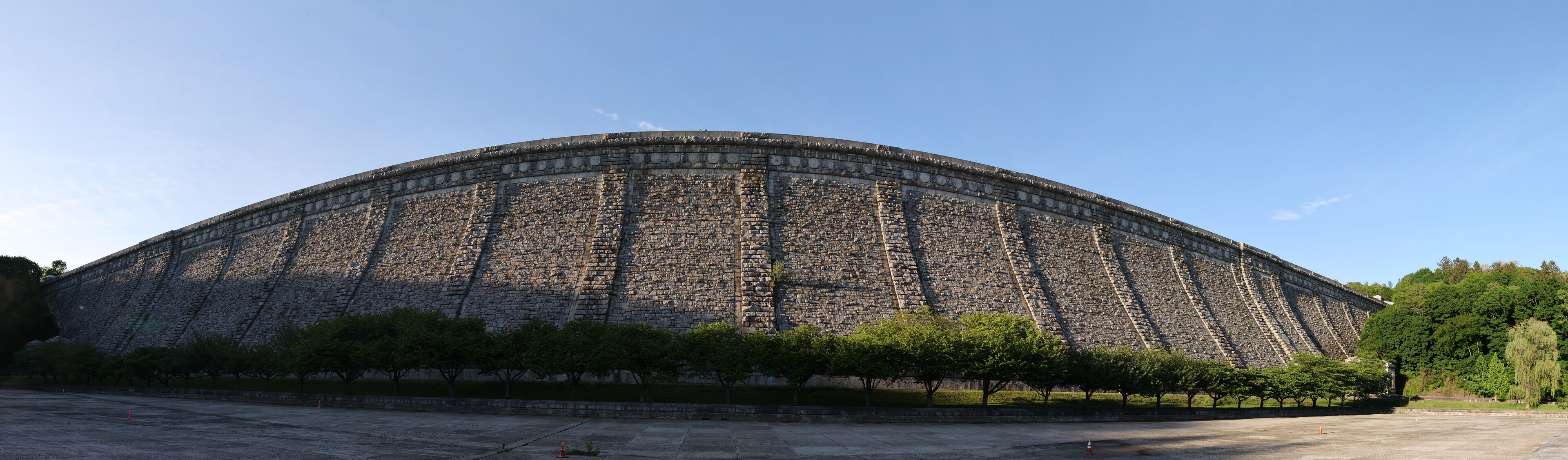 kensico dam along the bronx river greenway in valhalla new york westchester county (wide angle panorama of hydro plant reservoir park)