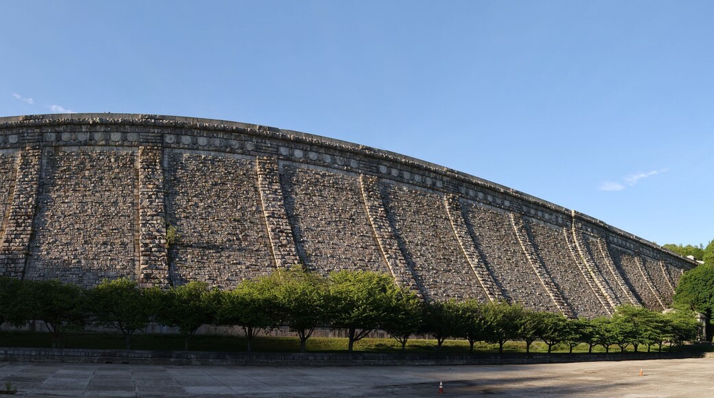 kensico dam along the bronx river greenway in valhalla new york westchester county (wide angle panorama of hydro plant reservoir park)