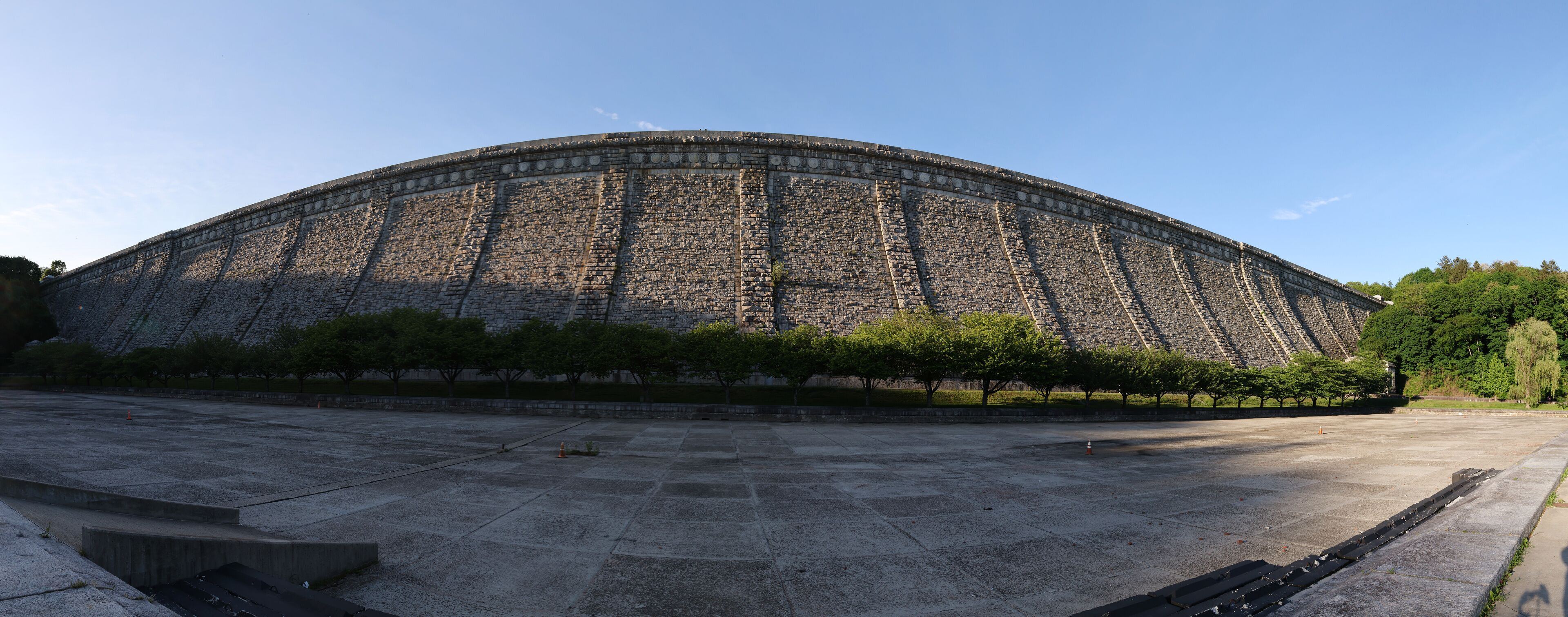 kensico dam along the bronx river greenway in valhalla new york westchester county (wide angle panorama of hydro plant reservoir park)