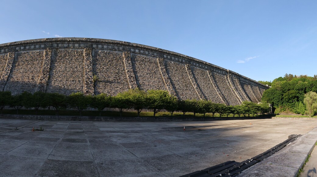 kensico dam along the bronx river greenway in valhalla new york westchester county (wide angle panorama of hydro plant reservoir park)