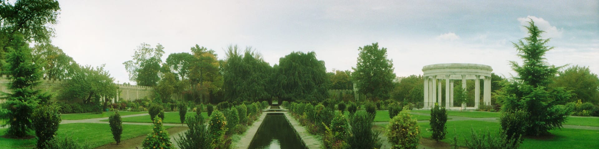 Panoramic view of water canal running through Untermyer Park and Gardens, Yonkers, Westchester County, New York, NY, USA.