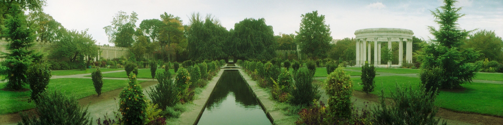 Panoramic view of water canal running through Untermyer Park and Gardens, Yonkers, Westchester County, New York, NY, USA.