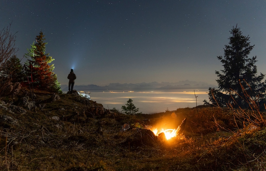 Una persona de pie sobre un saliente rocoso con una fogata, rodeada de árboles y un cielo nocturno estrellado.