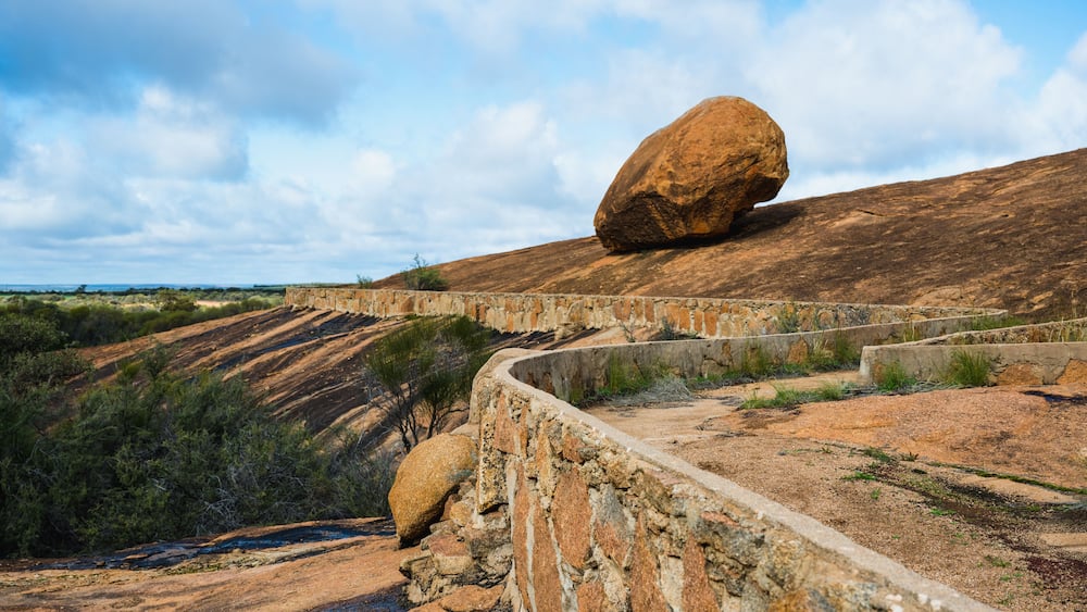 Beringbooding Rock is a granite rock formation north east of Mukinbudin in the eastern Wheatbelt region of Western Australia. The site features large balancing boulders with interesting shapes.