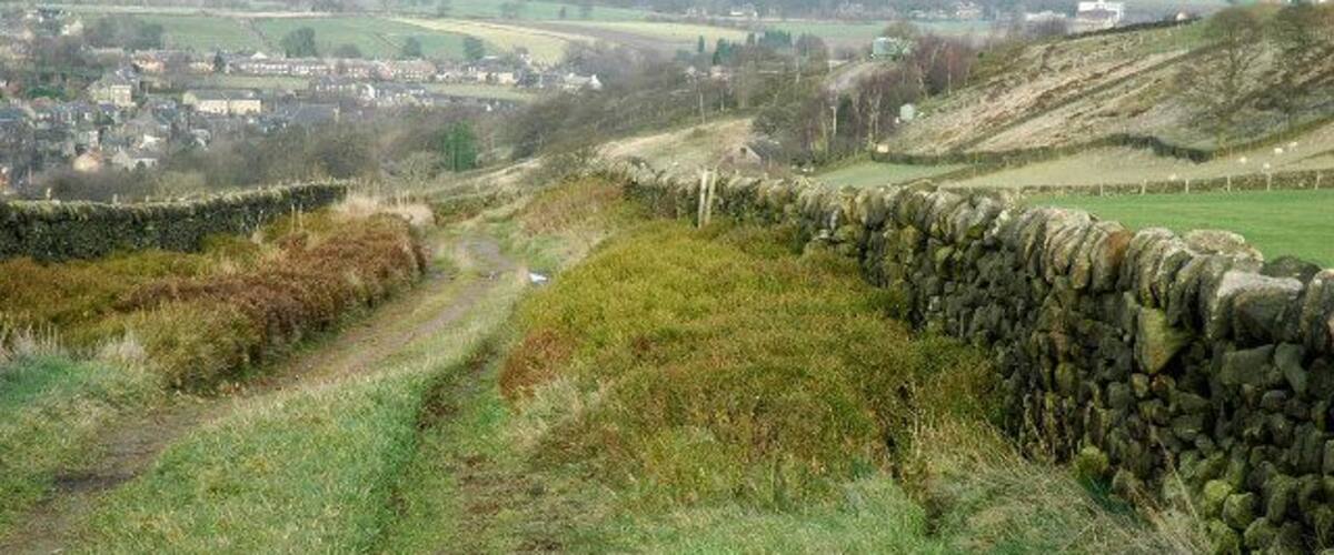 A stone wall and a dirt path in a rural landscape with rolling hills and a distant village.