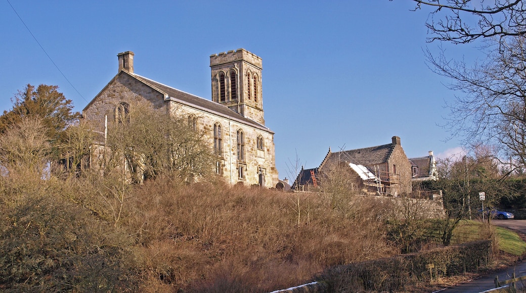 Straightbow Bridge, Dunlop Crossing the Glazert Burn with Dunlop Kirk in the background.