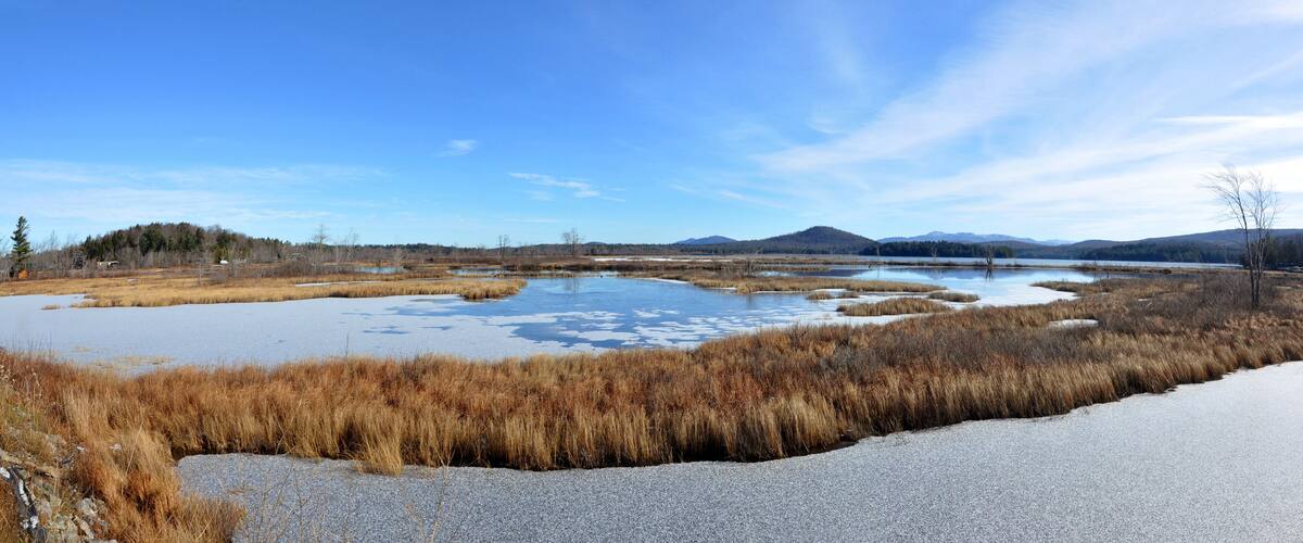A landscape with a frozen pond, dry grass, and distant mountains.