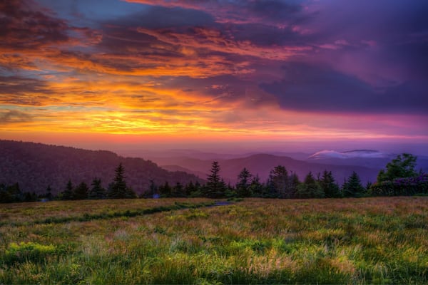 Un coucher de soleil sur une chaîne de montagnes boisée, avec un ciel dégagé.