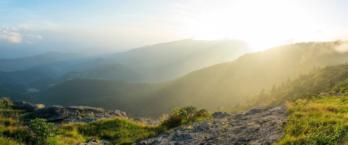 A hiker with a dog on a mountain ridge, overlooking a valley with mist-covered hills.