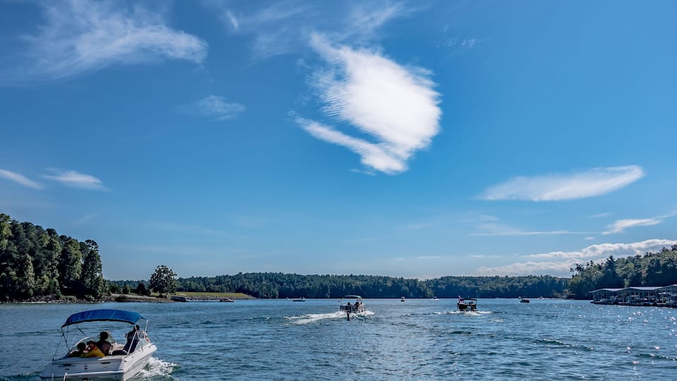 A lake with boats, a clear sky, and a forested shoreline.