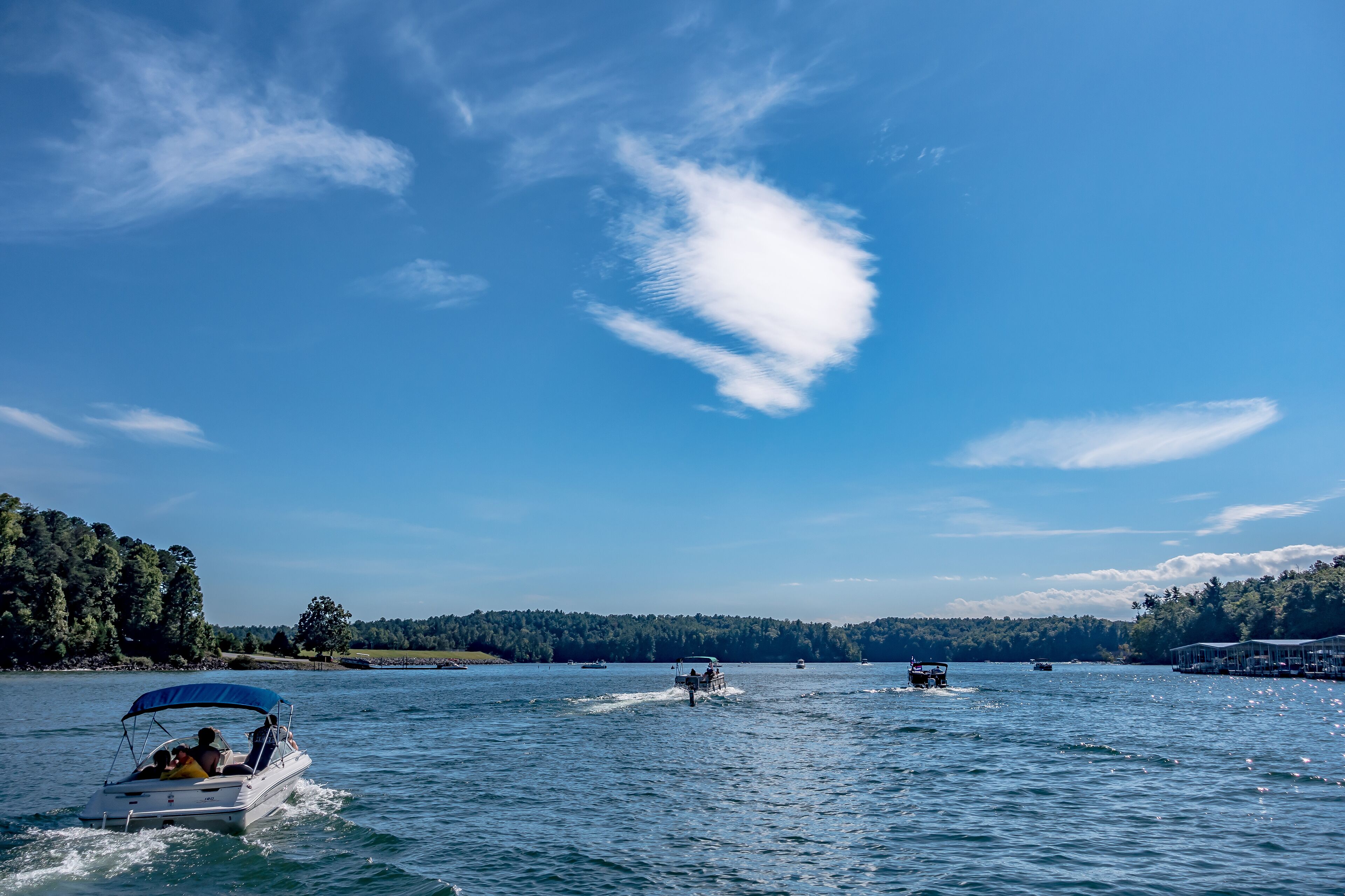 A lake with boats, a clear sky, and a forested shoreline.