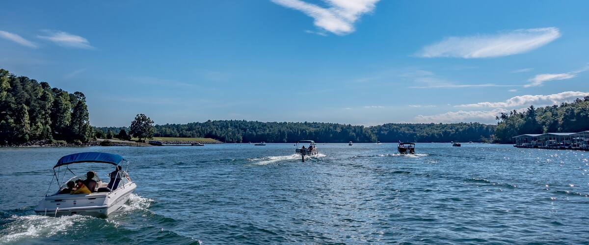 A lake with boats, a clear sky, and a forested shoreline.