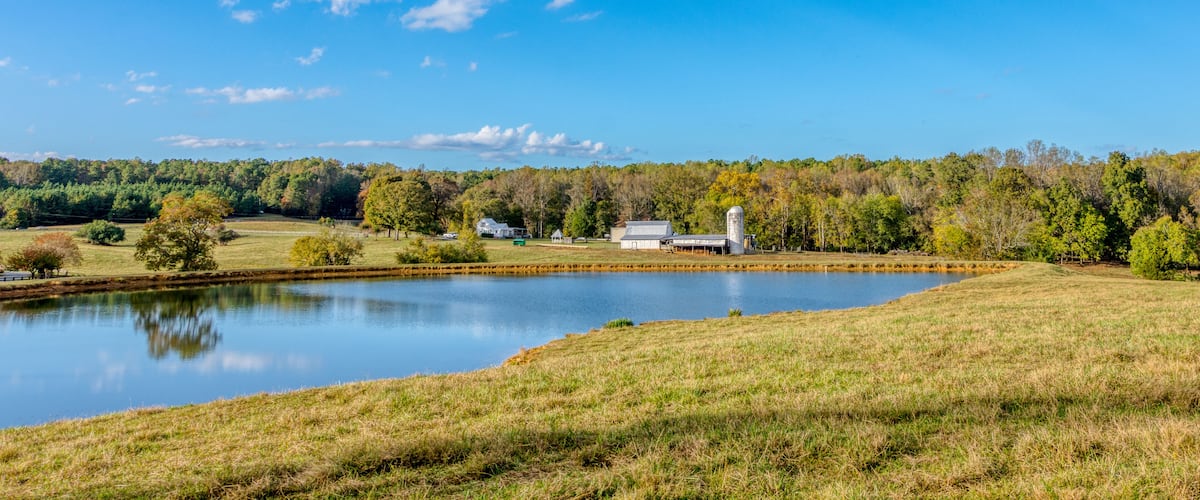 A lake surrounded by grassy fields, a barn, and a silo.