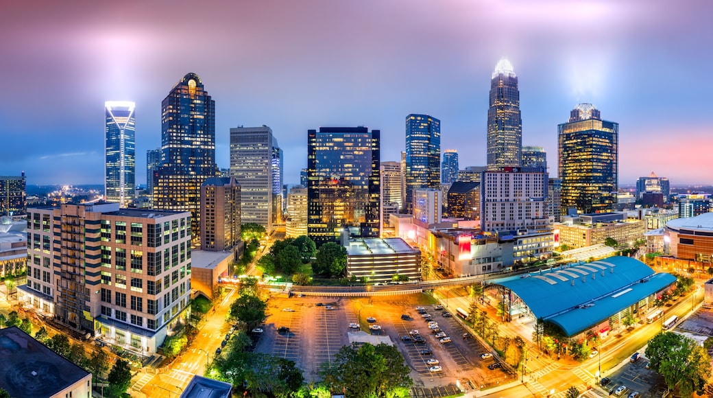 Aerial view of Charlotte, NC skyline on a foggy evening. Charlotte is the largest city in the state of North Carolina and the 17th-largest city in the United States