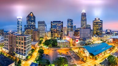 Aerial view of Charlotte, NC skyline on a foggy evening. Charlotte is the largest city in the state of North Carolina and the 17th-largest city in the United States