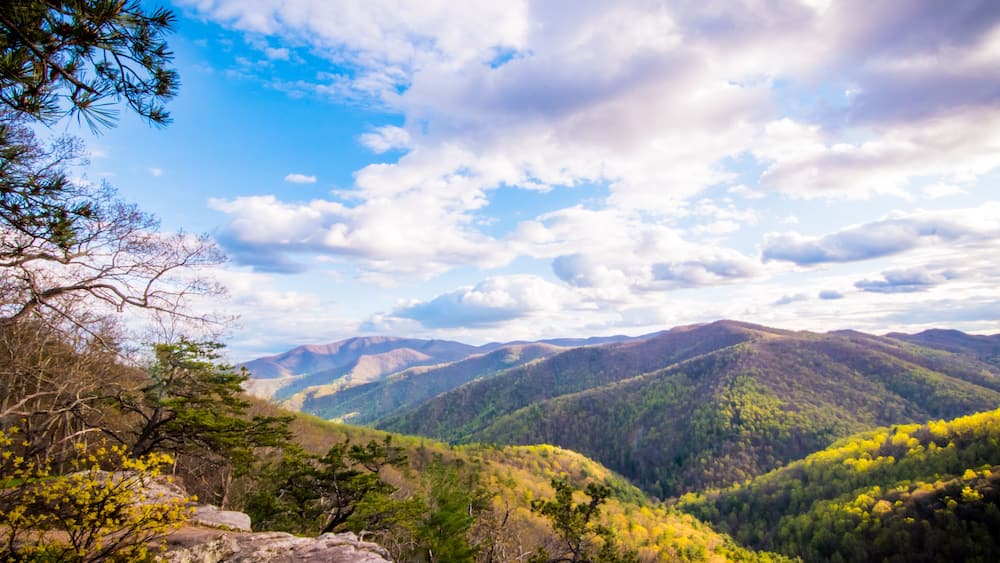 A mountainous landscape with dense forests and a clear sky.