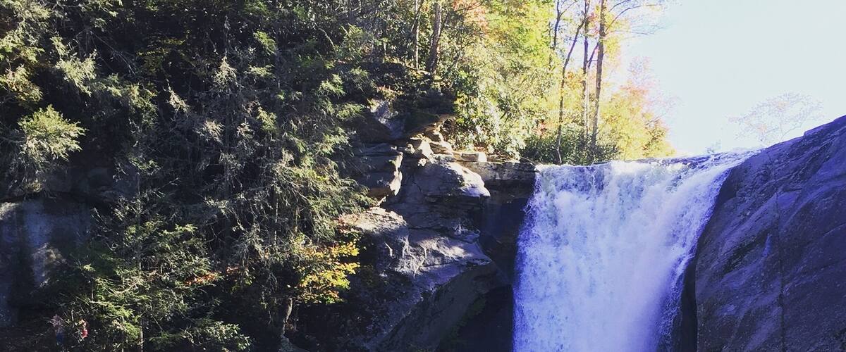 A waterfall cascading over rocks into a river surrounded by trees.