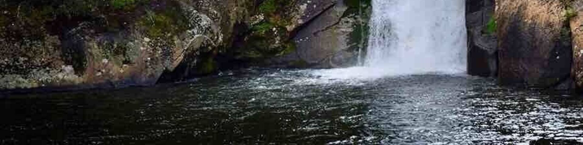 A waterfall cascading down a rocky cliff surrounded by dense forest.