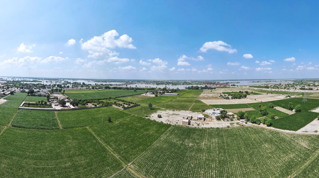 A 180-degree aerial panorama of agricultural fields and the Sutlej River, in Punjab, Pakistan