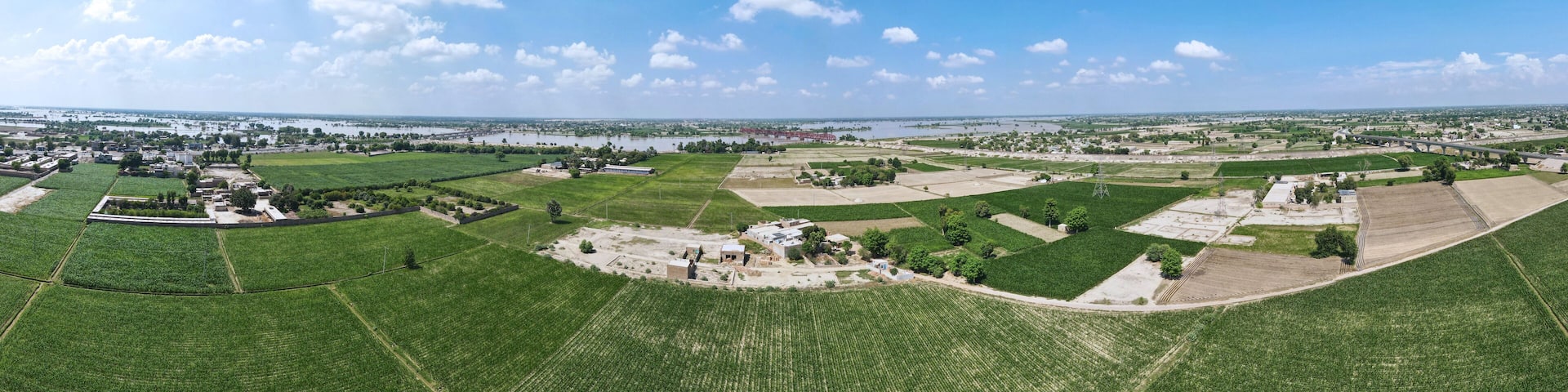 A 180-degree aerial panorama of agricultural fields and the Sutlej River, in Punjab, Pakistan