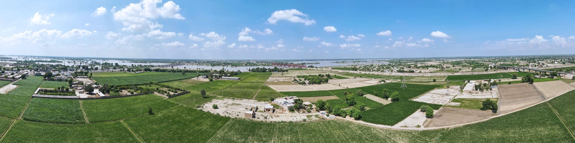 A 180-degree aerial panorama of agricultural fields and the Sutlej River, in Punjab, Pakistan