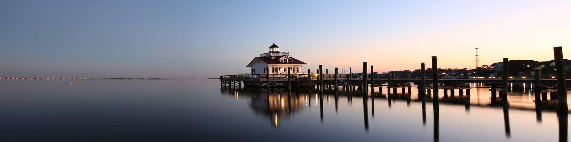 Roanoke Marshes Lighthouse Manteo NC Outer Banks North Carolina dock in Albemarle Sound