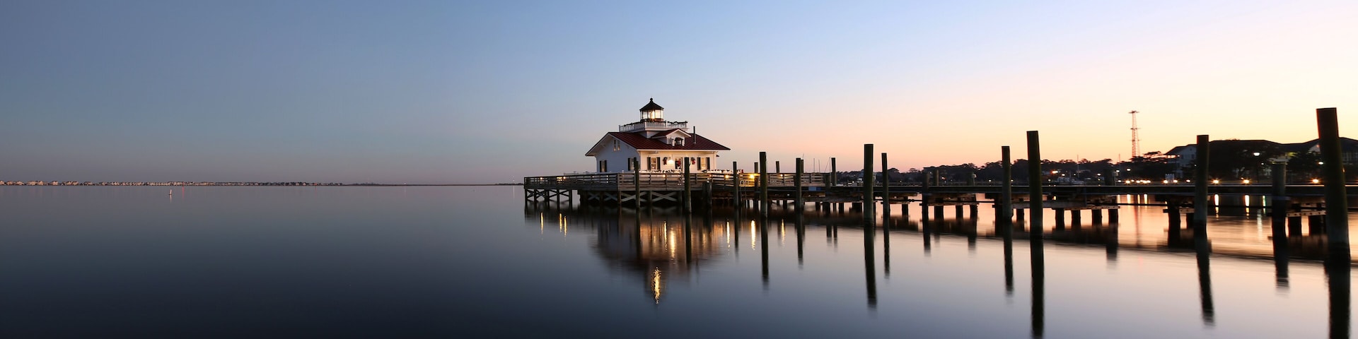 Roanoke Marshes Lighthouse Manteo NC Outer Banks North Carolina dock in Albemarle Sound