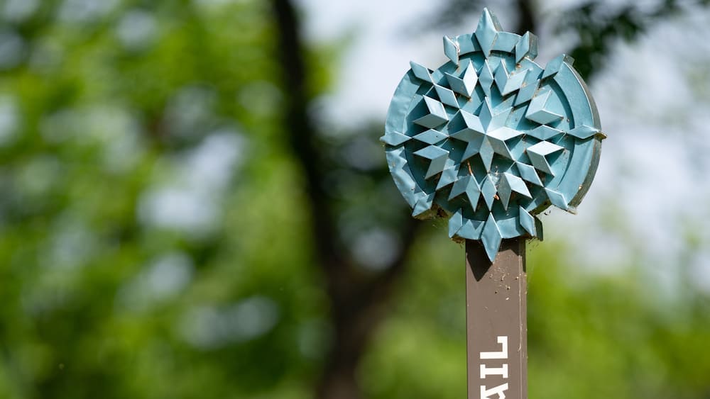 Carolina Thread Trail sign on a greenway with a shallow depth of field and copy space