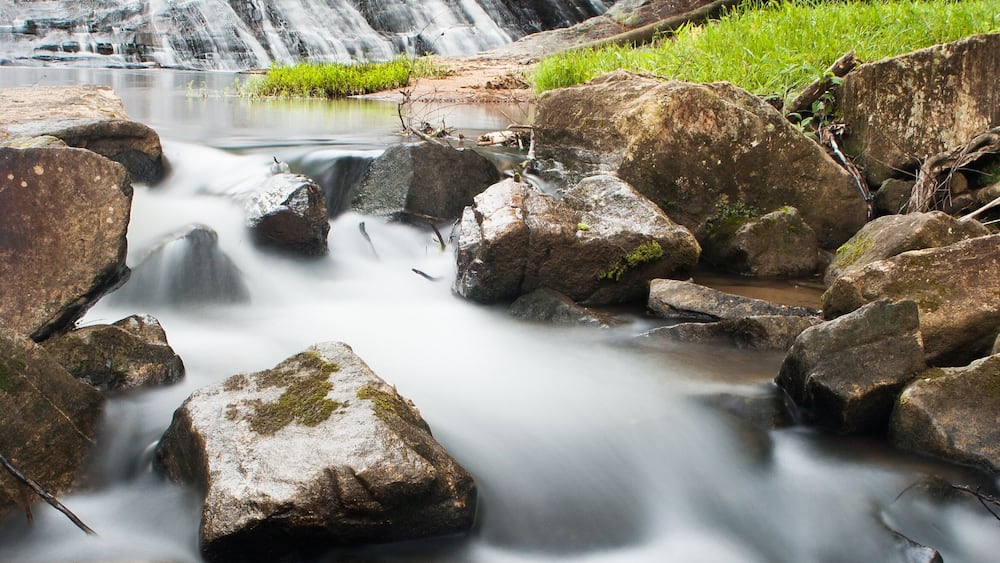 Ein Wasserfall stürzt über Felsen in einen Bach, umgeben von üppigem Grün.