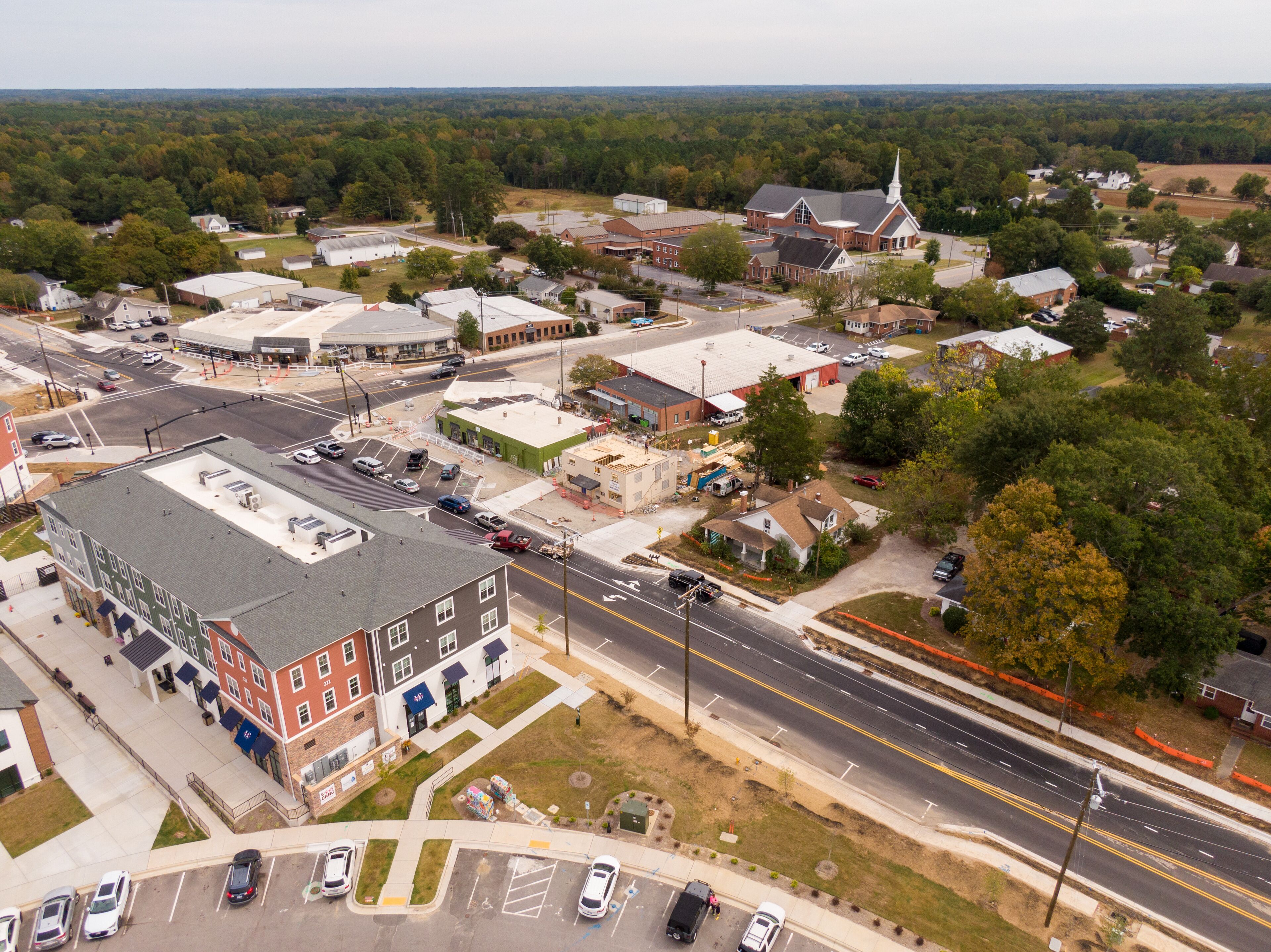 Daytime Drone Images of Rolesville North Carolina Including Downtown, Main Street, and Surrounding Areas